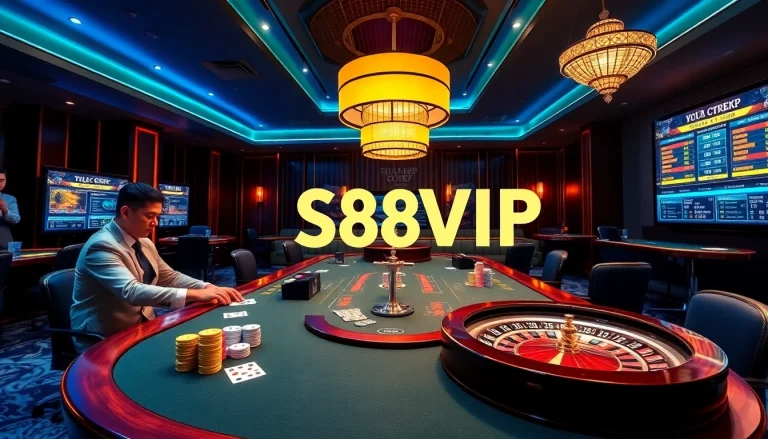 S88VIP casino action with vibrant gaming tables, professional dealers, and exciting gambling atmosphere.