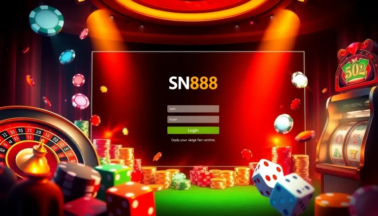 Exciting SN888 Login interface with vibrant casino elements like roulette and slot machines.