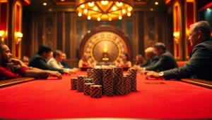 Experience high-stakes gaming at Kjc solutions' vibrant casino table with chips and roulette wheel.