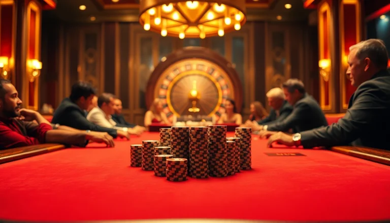 Experience high-stakes gaming at Kjc solutions' vibrant casino table with chips and roulette wheel.