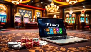 Experience the vibrant excitement of gambling on https://79king.computer/ with a luxurious casino scene filled with colorful poker chips, cards, and a laptop interface.