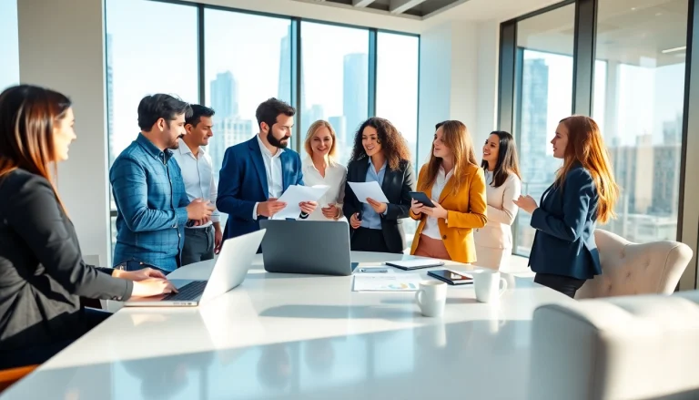 Engaged business team discussing strategies in a modern office atmosphere.