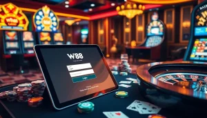 Experience excitement with W88 login and vibrant casino elements like poker tables and slot machines.