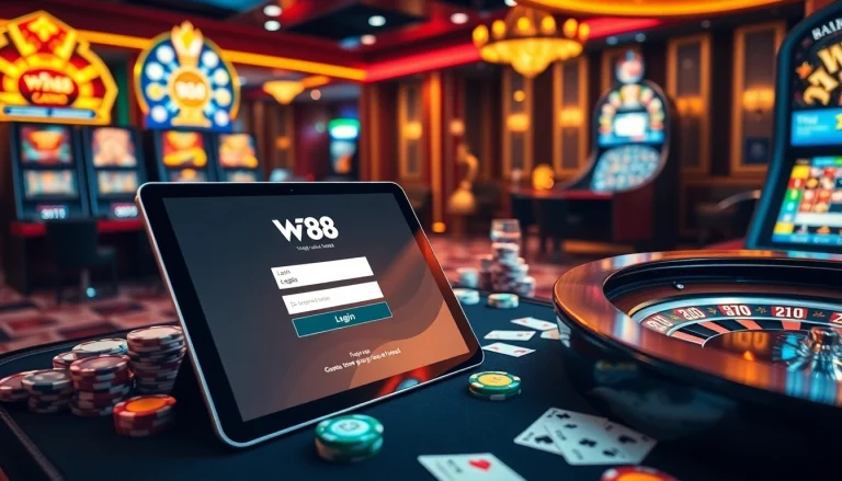 Experience excitement with W88 login and vibrant casino elements like poker tables and slot machines.