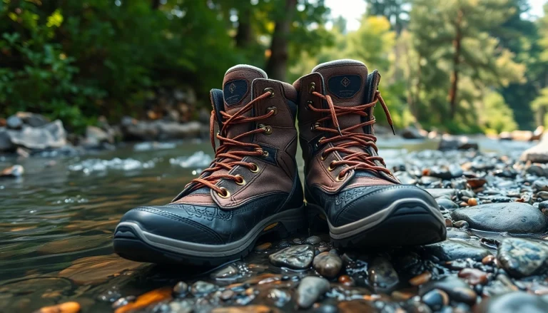 Inspecting durable Fly fishing boots at the river's edge surrounded by nature.