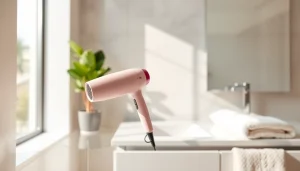 Showcase of laifen swift hair dryer highlighting its modern design and features in a stylish bathroom.