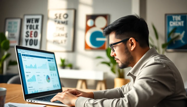 SEO expert analyzing data on a laptop in a modern office.