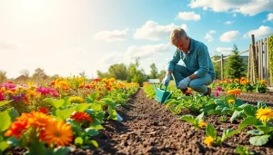 Gardening enthusiast planting seeds in a colorful garden filled with vibrant flowers and vegetables.