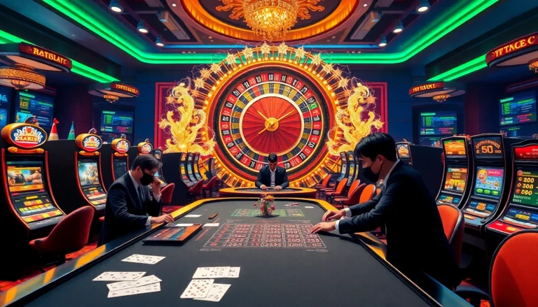 A dynamic casino scene at https://789club.quest/ featuring vibrant slot machines and an engaging roulette table.