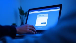 Securely access bluevine login page with a user entering credentials on a laptop.