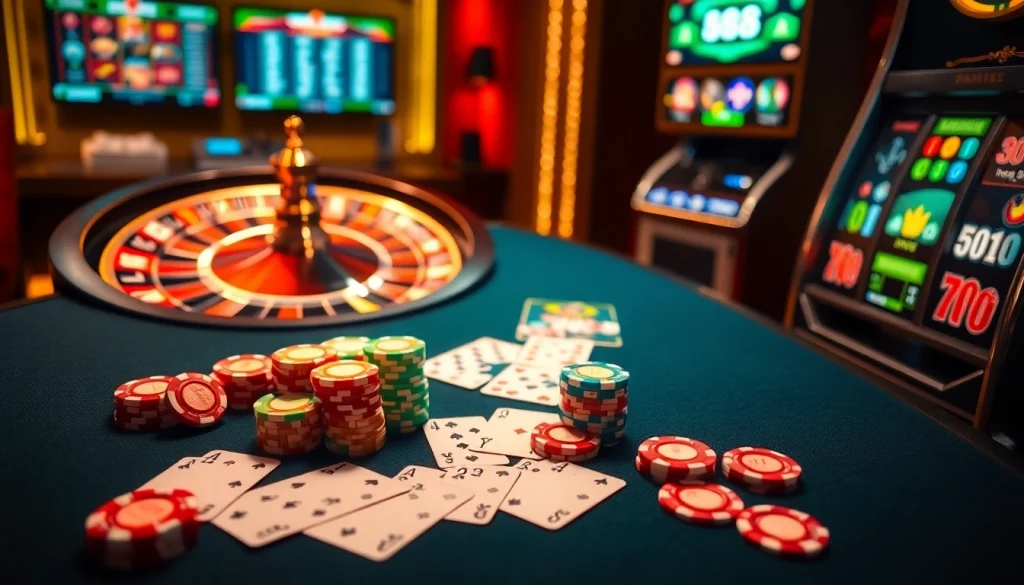 A high-stakes poker scene featuring 888b.com with vibrant poker chips and an elegant roulette wheel.