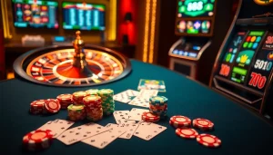 A high-stakes poker scene featuring 888b.com with vibrant poker chips and an elegant roulette wheel.