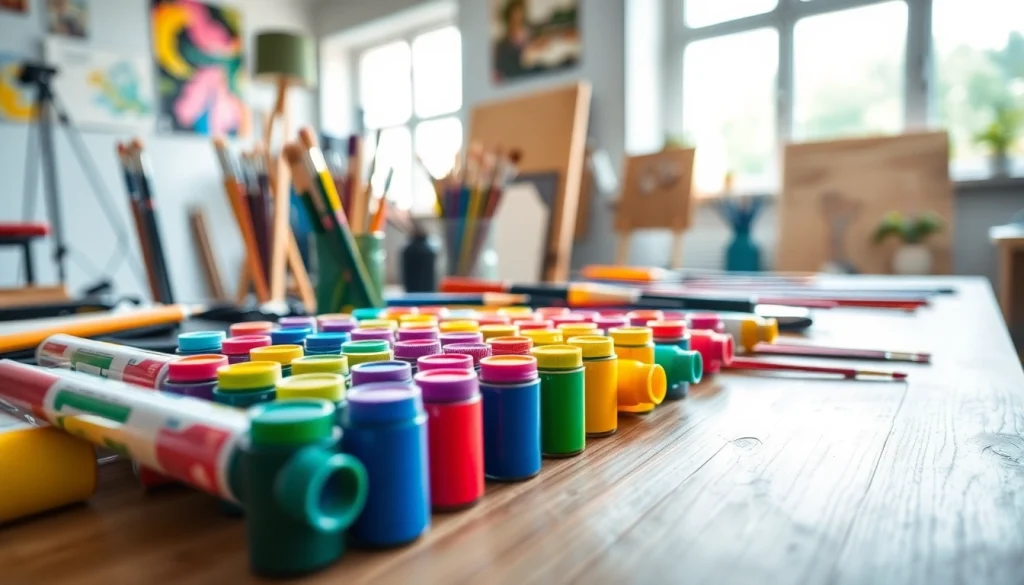 Engaging scene showcasing vibrant acrylic paints and brushes from https://acrylicpedia.com in a natural light-filled studio.