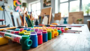 Engaging scene showcasing vibrant acrylic paints and brushes from https://acrylicpedia.com in a natural light-filled studio.