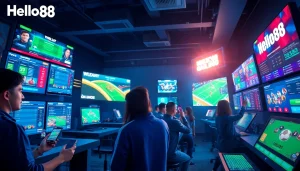 Hello88 online betting scene featuring vibrant digital interfaces and enthusiastic users.