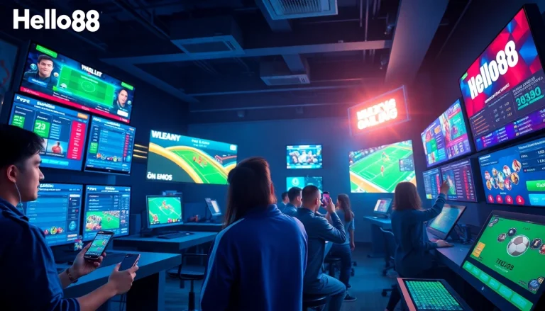 Hello88 online betting scene featuring vibrant digital interfaces and enthusiastic users.