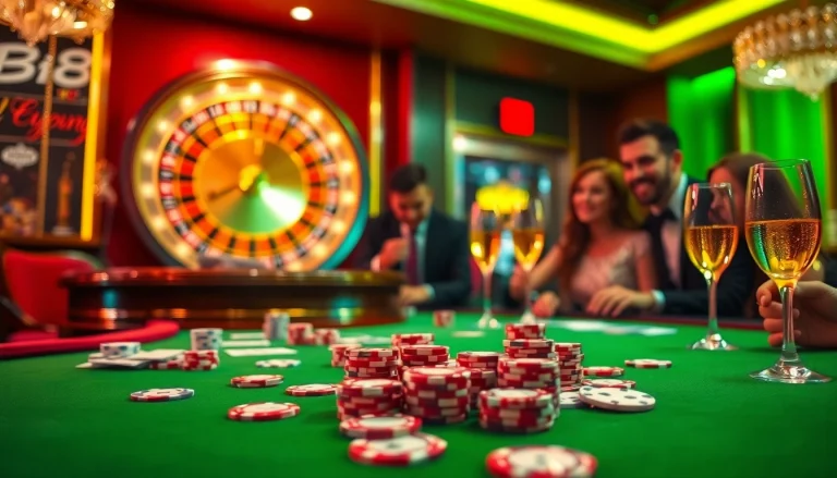 Exciting gaming table at BIG88.BAR featuring poker chips and cards.
