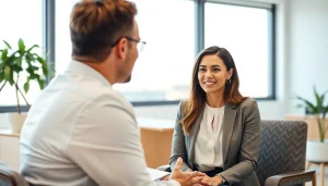 Engaging professional interaction for interview preparation near me in a bright office.