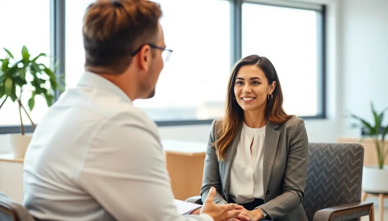 Engaging professional interaction for interview preparation near me in a bright office.