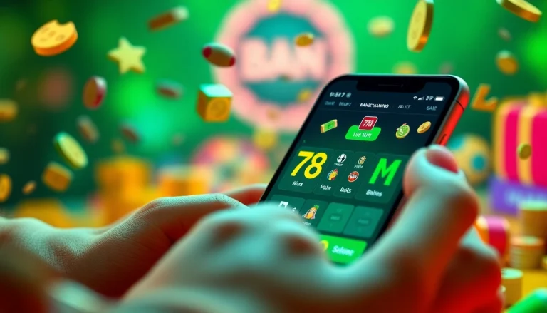 User enjoying the 78WIN gaming app, surrounded by exciting game symbols in a vibrant setting.