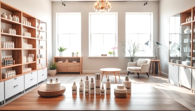 Högkvalitativa hudvårdsprodukter online visas i en lugn hudvårdsbutiksmiljö.