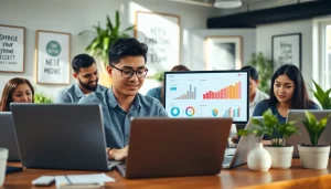 Engaging professionals at work analyzing metrics on https://boost-social-media.com in a vibrant workspace.