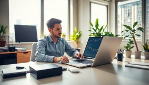 Monitor displaying hotforex mt4 platform while trader strategizes in a bright workspace.