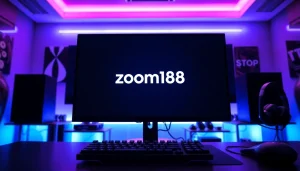 Menggambarkan platform zoom188 dengan antarmuka digital yang vibrant di ruang gaming modern.