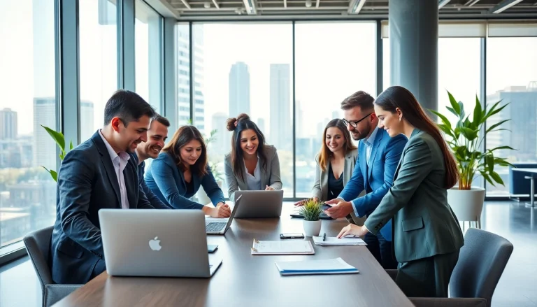 Engaging scene of business professionals collaborating in a modern office to enhance business strategies.