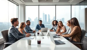 Business professionals collaborating in a modern meeting room, showcasing teamwork and strategy.