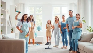 Trustworthy cleaning service professionals actively cleaning a bright and modern home.