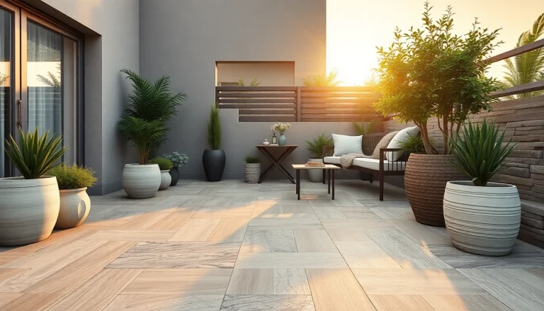 Terrasse extérieure élégante avec un carrelage extérieur effet bois et pierre.