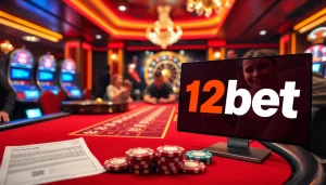 Betting on a thrilling poker game with 12bet poker chips and lively casino ambience.