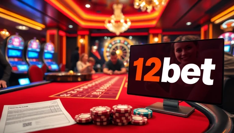 Betting on a thrilling poker game with 12bet poker chips and lively casino ambience.