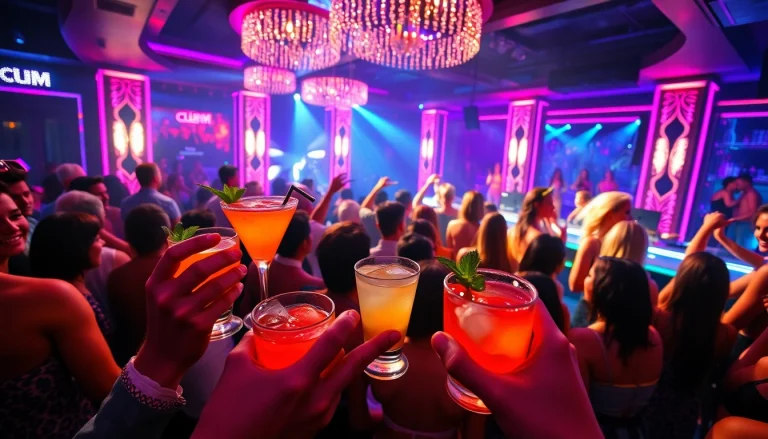 Exciting nightlife at Club SXM with vibrant lighting and happy party-goers enjoying handcrafted cocktails.