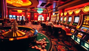 A thrilling casino scene featuring roulette, poker, and slot machines at https://s8net.com/ with vibrant excitement.