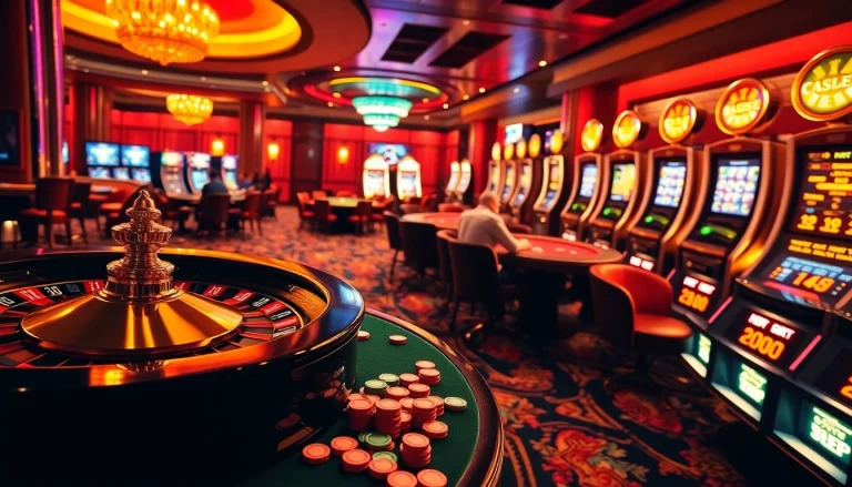 A thrilling casino scene featuring roulette, poker, and slot machines at https://s8net.com/ with vibrant excitement.