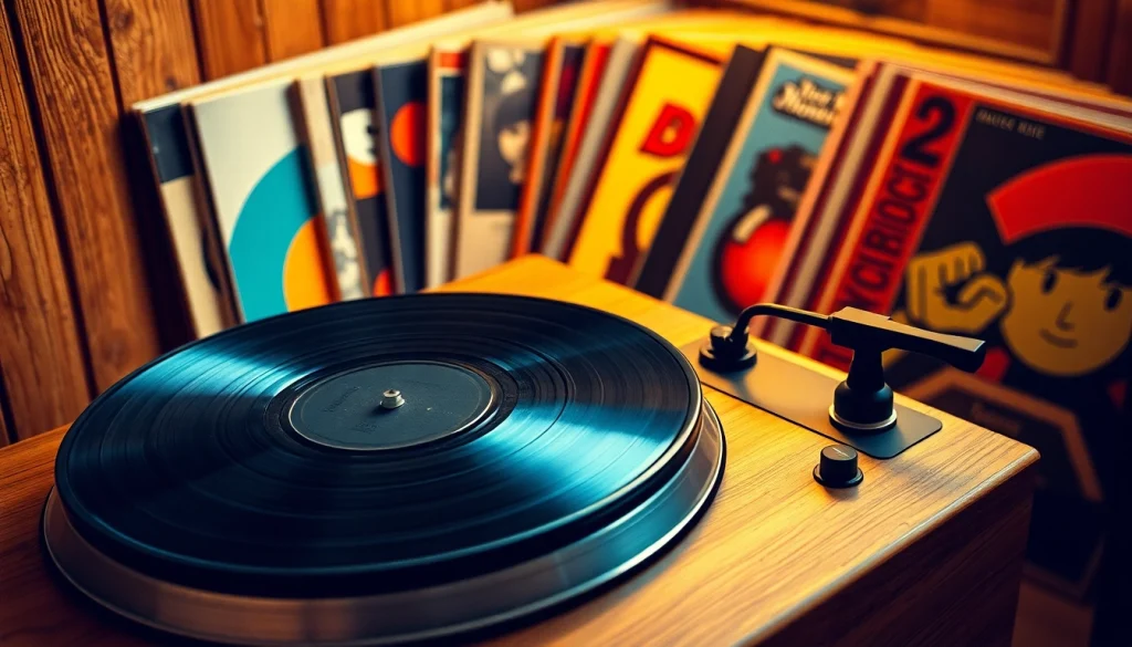 Showcase of lp records on a vintage turntable, highlighting vibrant colors and textures.