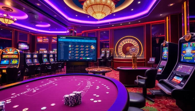 Engaging scene of OK365 Trang chủ with dynamic casino activities, highlighting online gambling excitement.