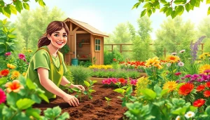 Gardening scene with a gardener tending vibrant plants in a sunny, lush garden.