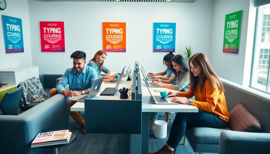 Students practice typing at the professional typing center, enhancing their skills in a vibrant atmosphere.