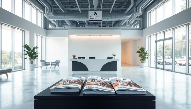 Showcase of modern real estate office interior inviting clients to explore services.