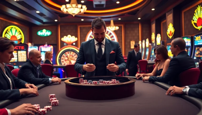 Người chơi Betvip tham gia một vòng poker cược cao tại một casino sang trọng.