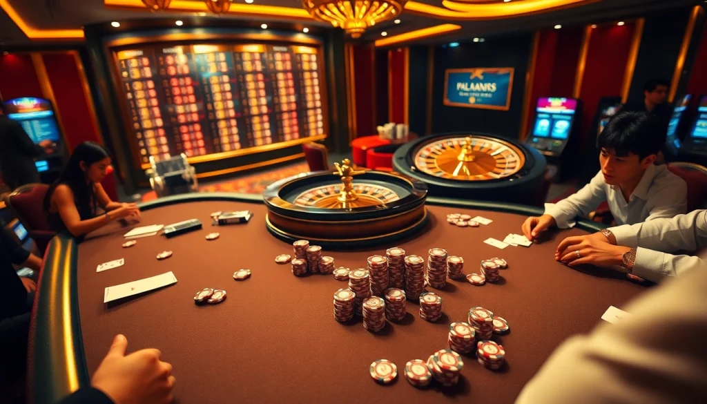 Epic gaming action at taigo88 showcasing intense poker gameplay and a roulette wheel.