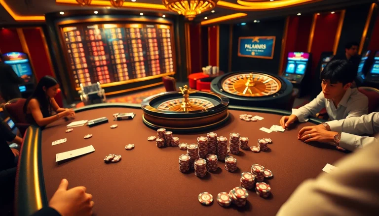 Epic gaming action at taigo88 showcasing intense poker gameplay and a roulette wheel.