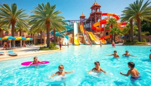 Exciting activities at water park Dubai, featuring thrilling slides and families enjoying the sun.