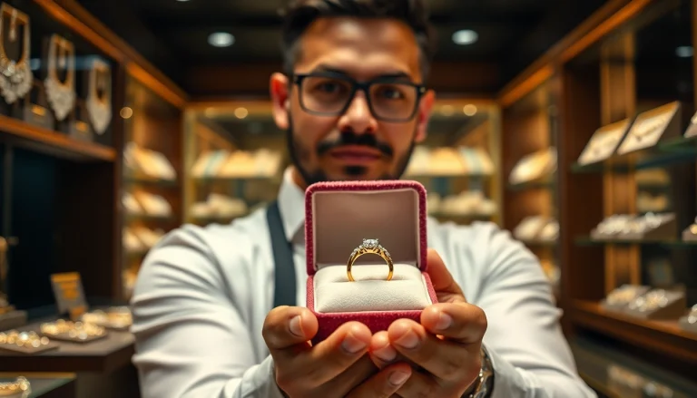 Showcase of a jeweler in der Nähe with elegant ring display highlighting craftsmanship.