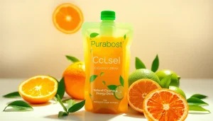 Puraboost energy drink pouch surrounded by fresh fruits and green tea leaves, embodying a healthy lifestyle.
