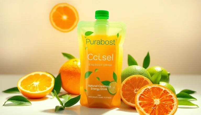 Puraboost energy drink pouch surrounded by fresh fruits and green tea leaves, embodying a healthy lifestyle.