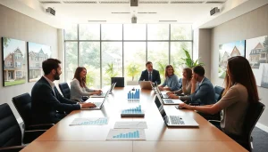 Real Estate agents collaborating in a vibrant office environment showcasing teamwork.